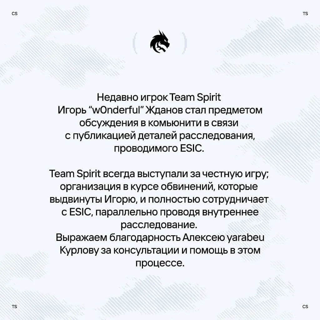 Team Spirit проводит внутреннее расследование о причастности украинца  w0nderful к договорным матчам